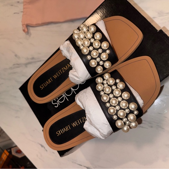 Stuart Weitzman Black Pearl-Embellished Slide Mules SIZE 9 - Picture 4 of 6